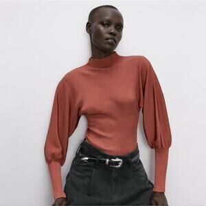 Zara Puff Sleeve Ribbed Sweater in Brick